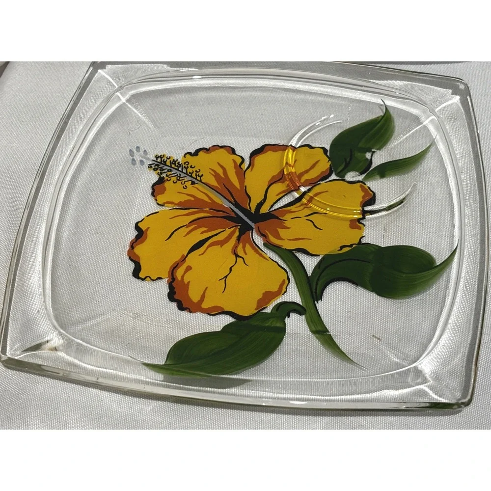 2 Vintage Hand Painted Floral Glass Plates Square cup holder‎ MCM Garden Party